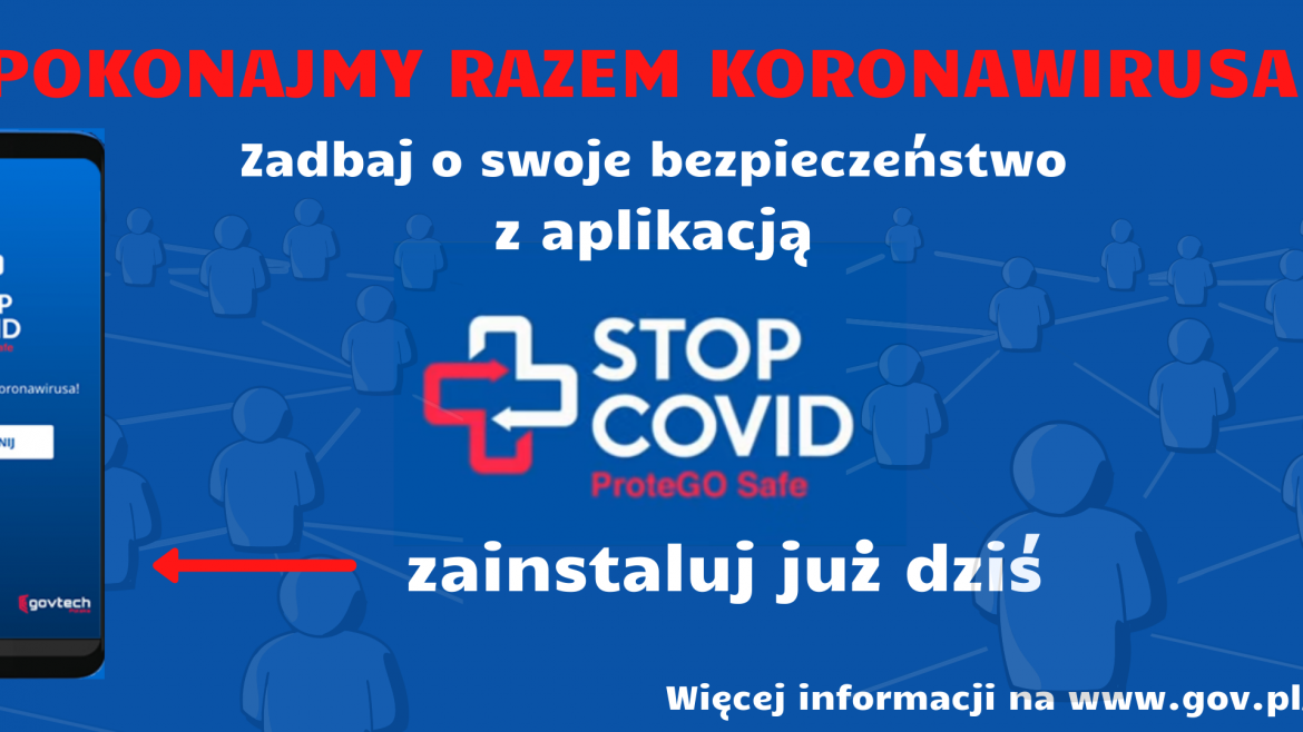 Logo Pokonajmy razem Koronawirusa i info o aplikacji Stop Covid