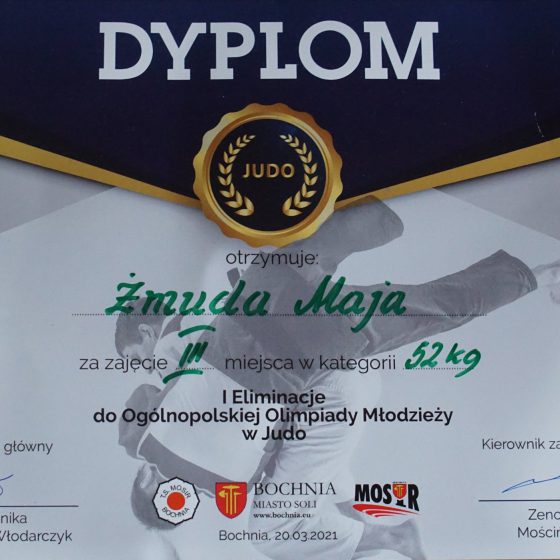 Dyplom M. Zmudy za zdobycie III miejsca w Judo